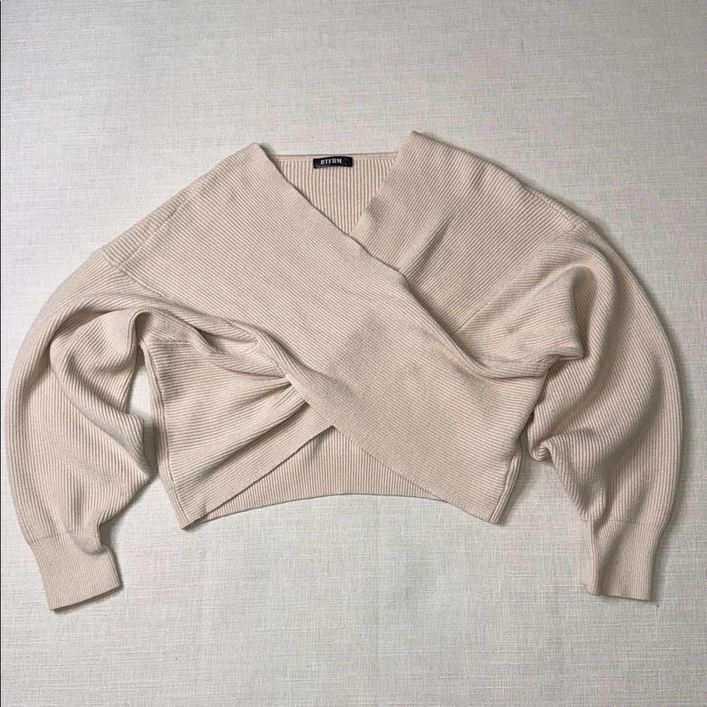 BTFBM wrap-style, off-the-shoulder, ribbed knit sweater. - Picture 3 of 8